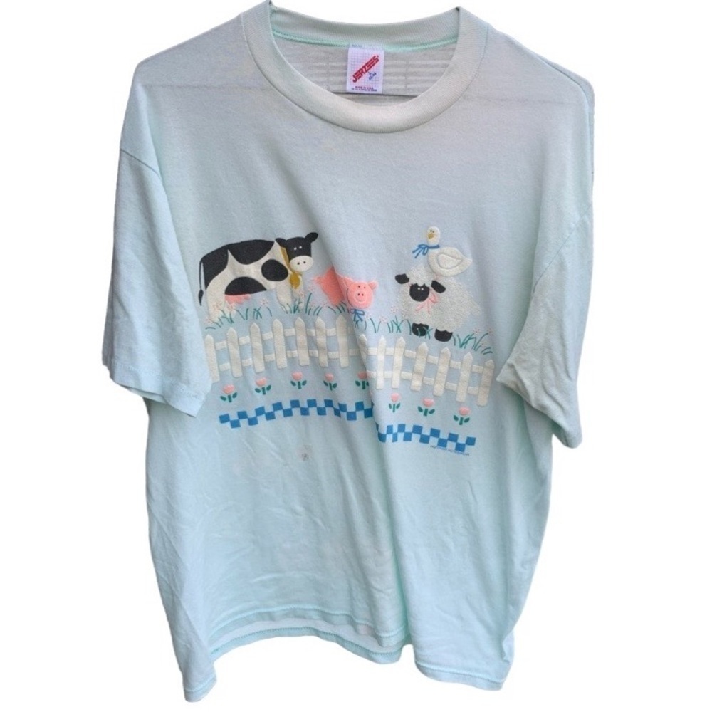 Vintage Tee Shirt Farm Cows Pig Geese Lamb Nature Size Large Blue